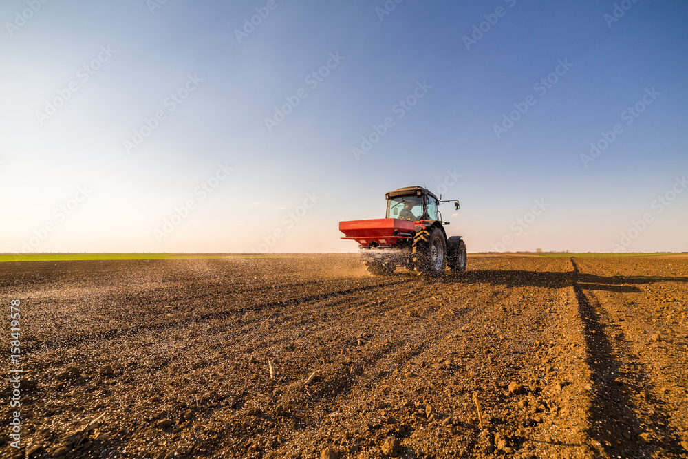 Fototapeta premium Farmer fertilizing arable land with nitrogen, phosphorus, potassium fertilizer
