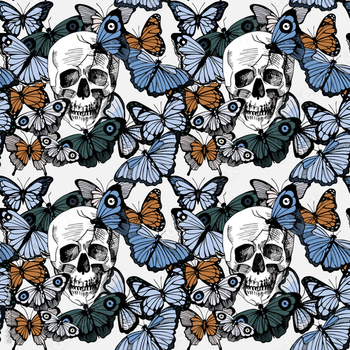 Seamless butterflies and skulls pattern