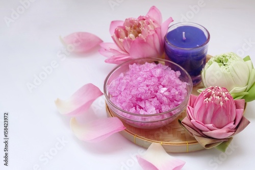 Spa accessories on wooden background. Spa treatments for healing. Relax concept and copy space.
