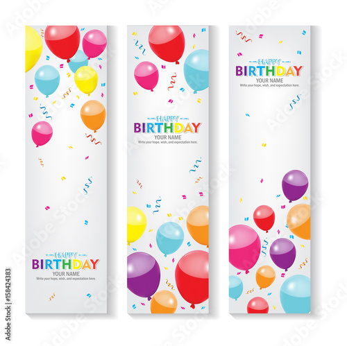 Editable vertical happy birthday banner with balloon and confetti decoration set. x banner vector design.