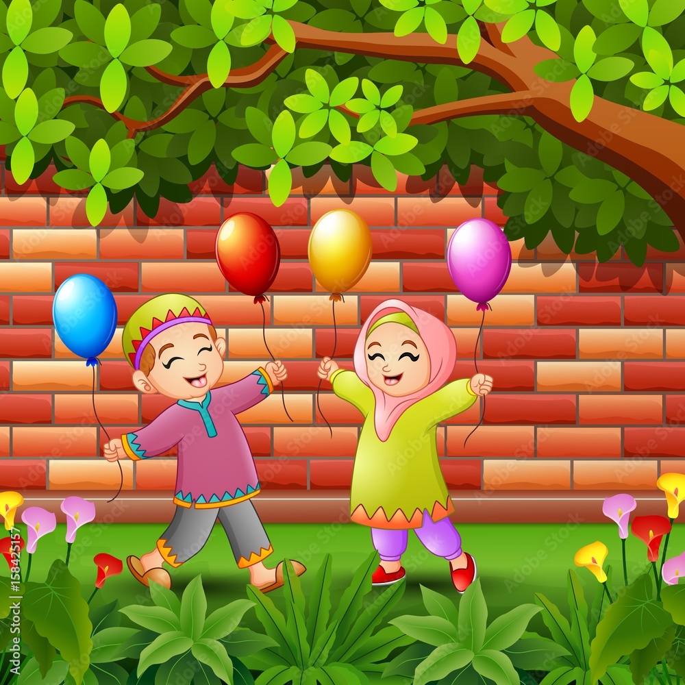 Happy kids muslim cartoon holding balloon under trees Stock Vector | Adobe  Stock