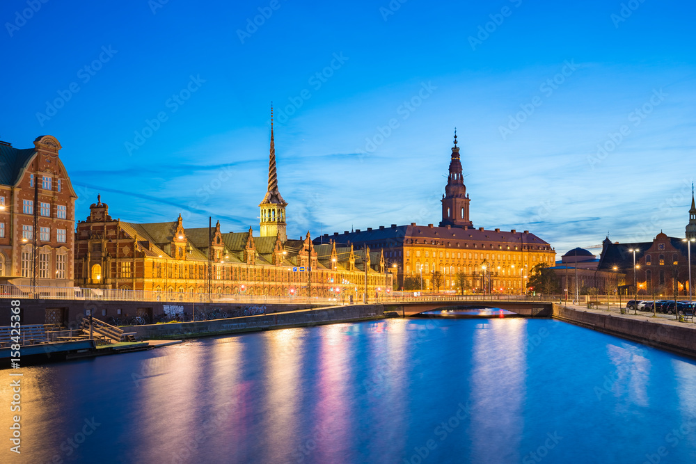 Christiansborg Palace at night in Copenhagen city, Denmark