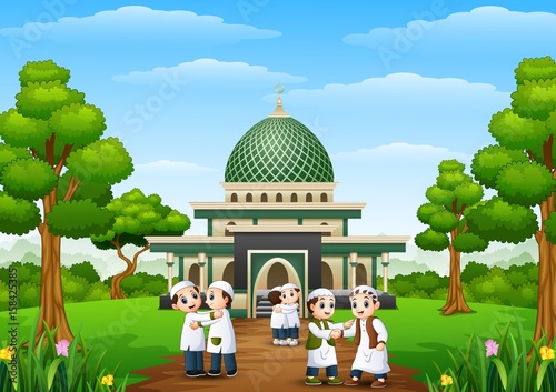 Happy kids cartoon celebrate eid mubarak in the park with mosque