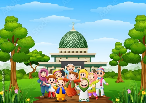 Happy cartoon kids celebrate eid mubarak with islamic mosque in the forest