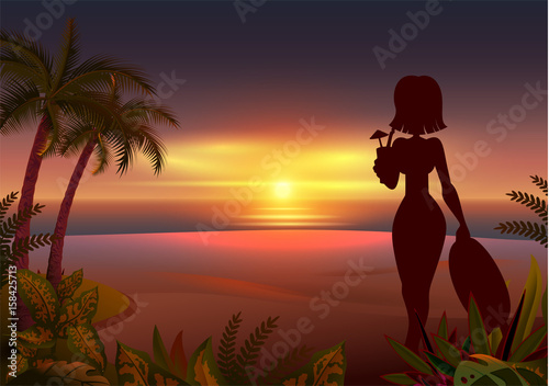 Sunset tropical beach. Beautiful young woman silhouette drinking cocktail