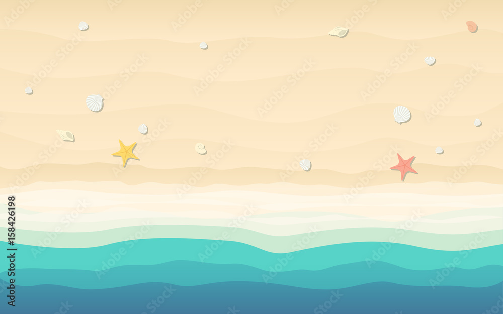 top view of sand with shells and starfish in flat icon design on beach background