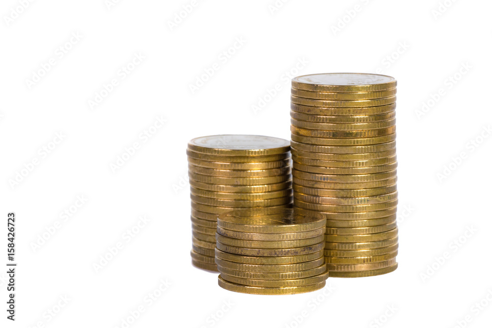Columns of gold coins, piles of coins isolated on white background Columns of gold coins, piles of coins isolated on white background