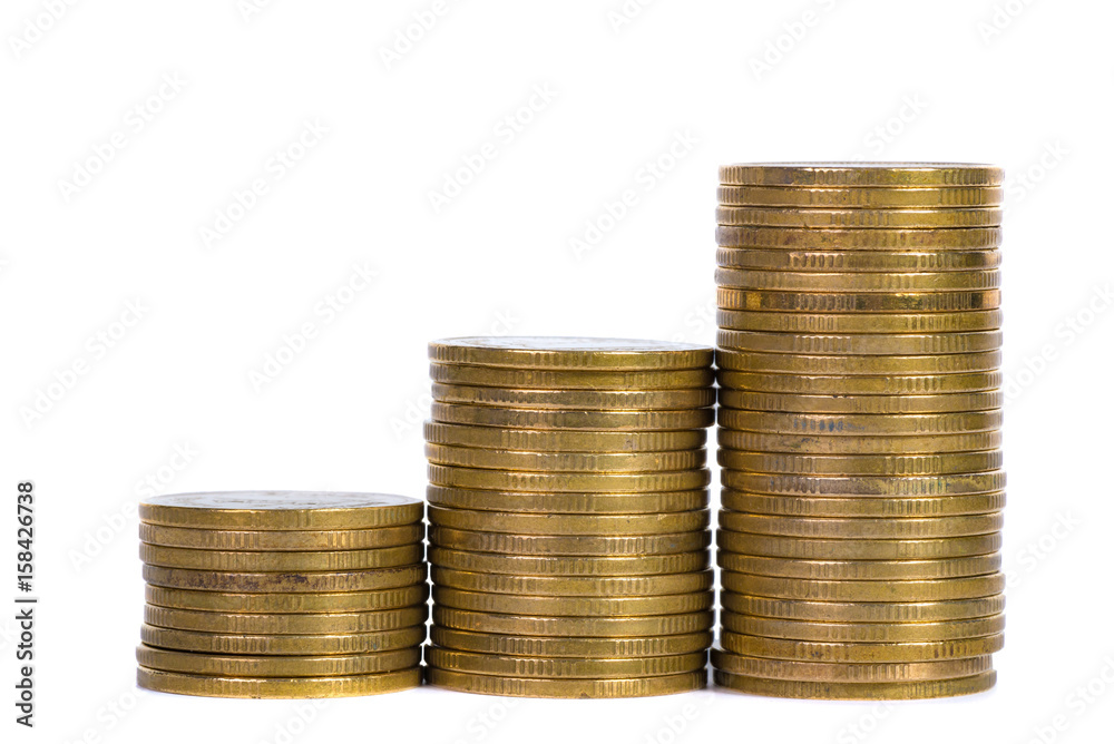 Columns of gold coins, piles of coins isolated on white background Columns of gold coins, piles of coins isolated on white background