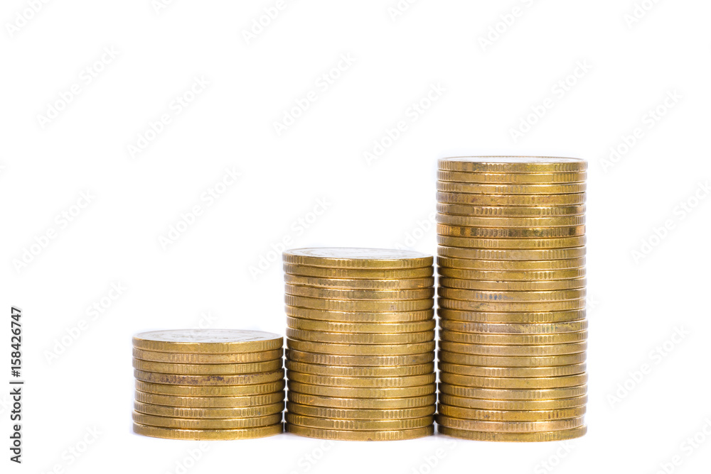 Increasing columns of coins, piles of gold coins arranged as a graph on white background Increasing columns of coins, piles of gold coins arranged as a graph on white background