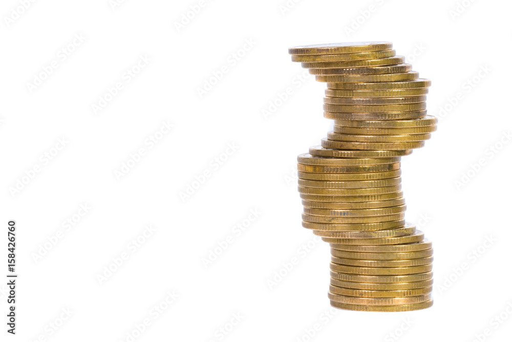 Columns of gold coins, piles of coins on white background Columns of gold coins, piles of coins on white background