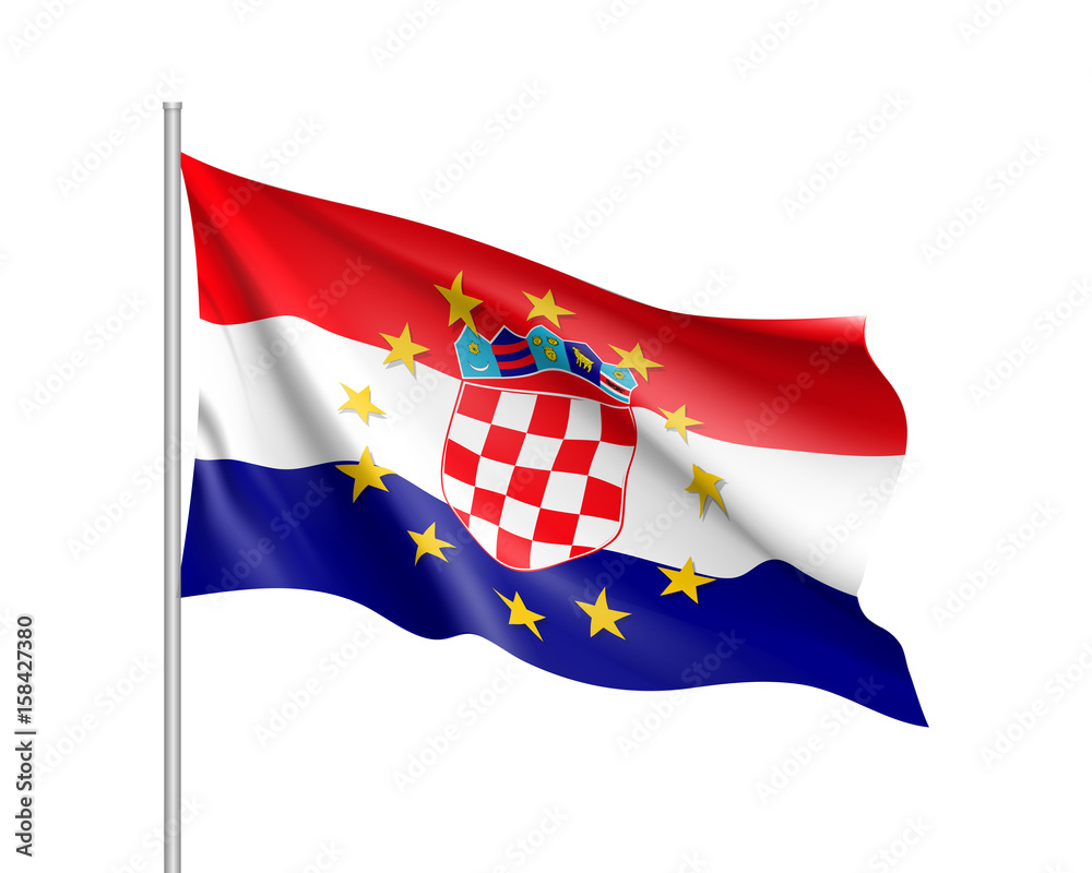 Naklejka premium Croatia national waving flag with a circle of European Union twelve gold stars, political and economic union with EU, member since 1 July 2013. Realistic vector illustration