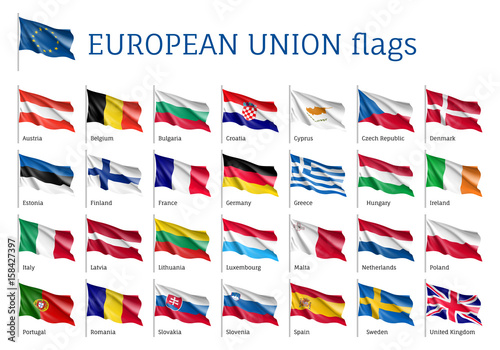Set of waving flags of EU: Spain, Sweden, Poland and Portugal, Belgium, Denmark, Latvia and Romania. 25 ensigns on flagpole of European Union states. Vector isolated icons on white background photo