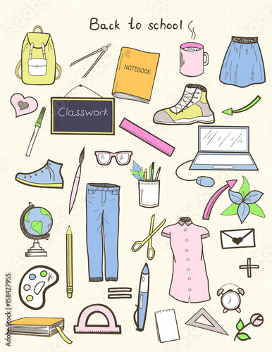 Set of hand drawn vector colorful school doodles.