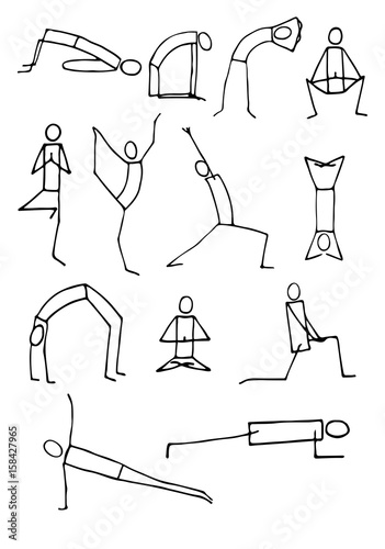 Set of hand drawn stickman yoga poses.