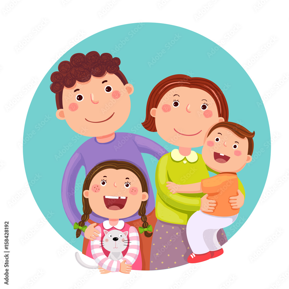 Portrait of four member happy family posing together. Parents with kids and pet