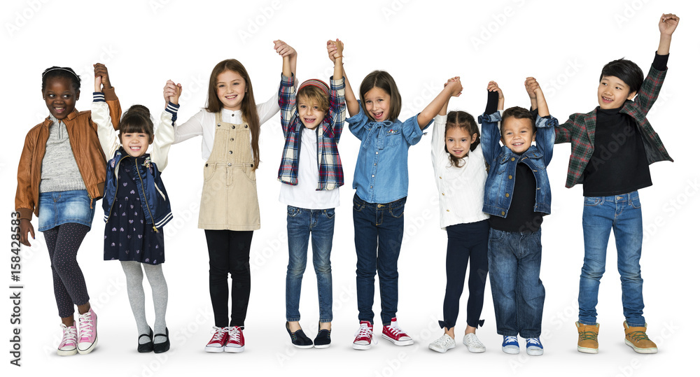 Obraz premium Group of Kids Holding Hands Face Expression Happiness Smiling on White Blackground