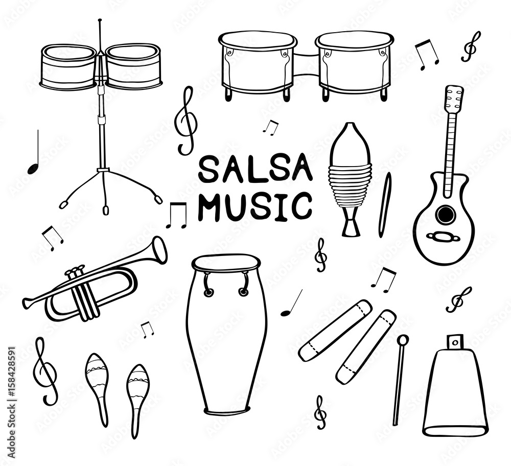 Set of hand drawn salsa musical instruments. Stock Illustration | Adobe  Stock