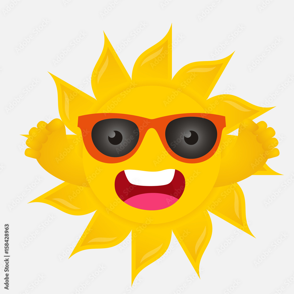 isolated sun cartoon character wear glasses and hands up