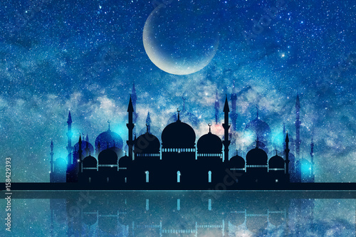 Ramadan Kareem season greeting with mosque and shiny star night