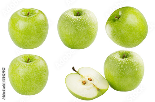 Green apple set collection with water drops isolated on white background.