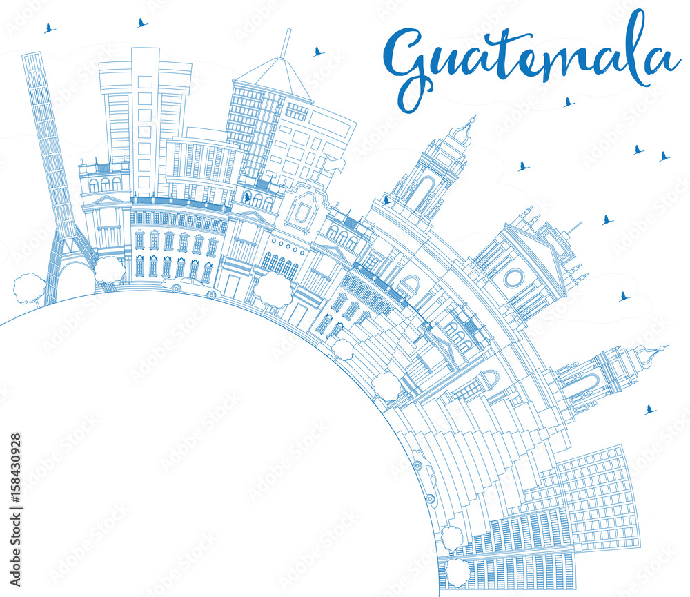 Outline Guatemala Skyline with Blue Buildings and Copy Space.