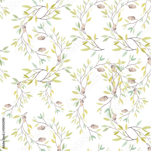 Watercolor Pattern with Leaves and Oak Acorn on White Background.