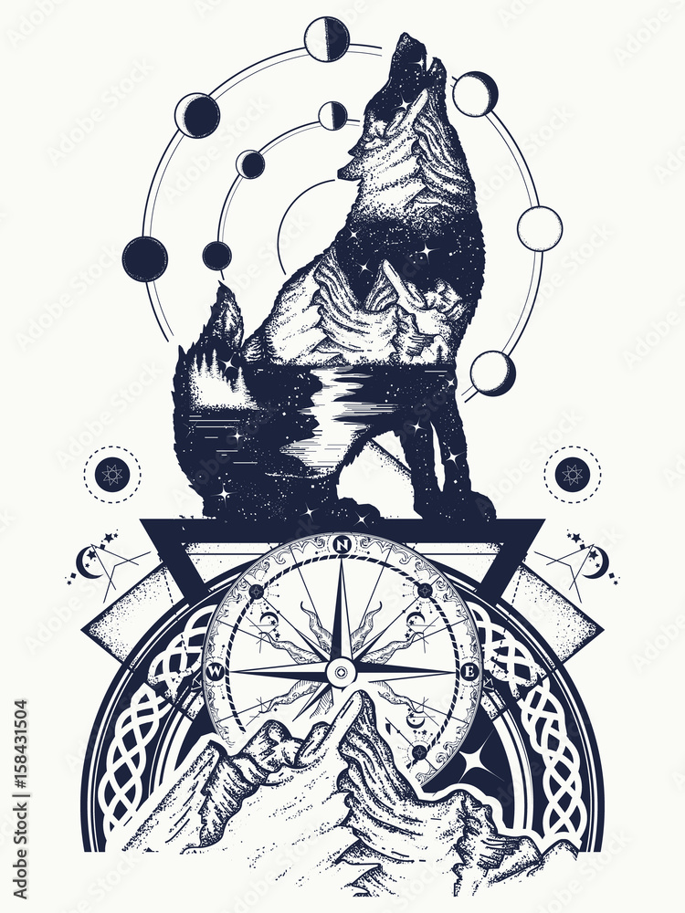 Fototapeta premium Wolf and mountains double exposure tattoo art. Symbol tourism, travel, adventure, outdoor. Wolf howls, mountain and night sky t-shirt design