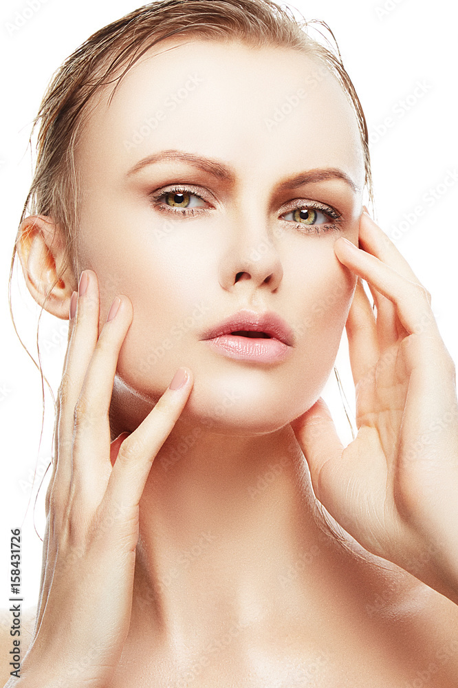 Blonde hair woman with green eyes and natural make-up. Skin Care Woman Health Beauty Concept Blonde hair woman with green eyes and natural make-up. Skin Care Woman Health Beauty Concept