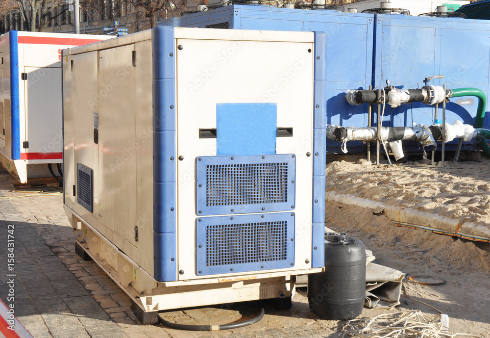Diesel Portable Generator. Close up on Mobile Diesel Backup Generator. Diesel Standby Generator - Outdoor Power Equipment. Diesel Portable Generator. Close up on Mobile Diesel Backup Generator. Diesel Standby Generator - Outdoor Power Equipment.
