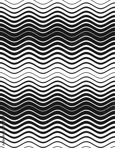 Halftone abstract waves texture. Vector seamless pattern. Black and white background.
