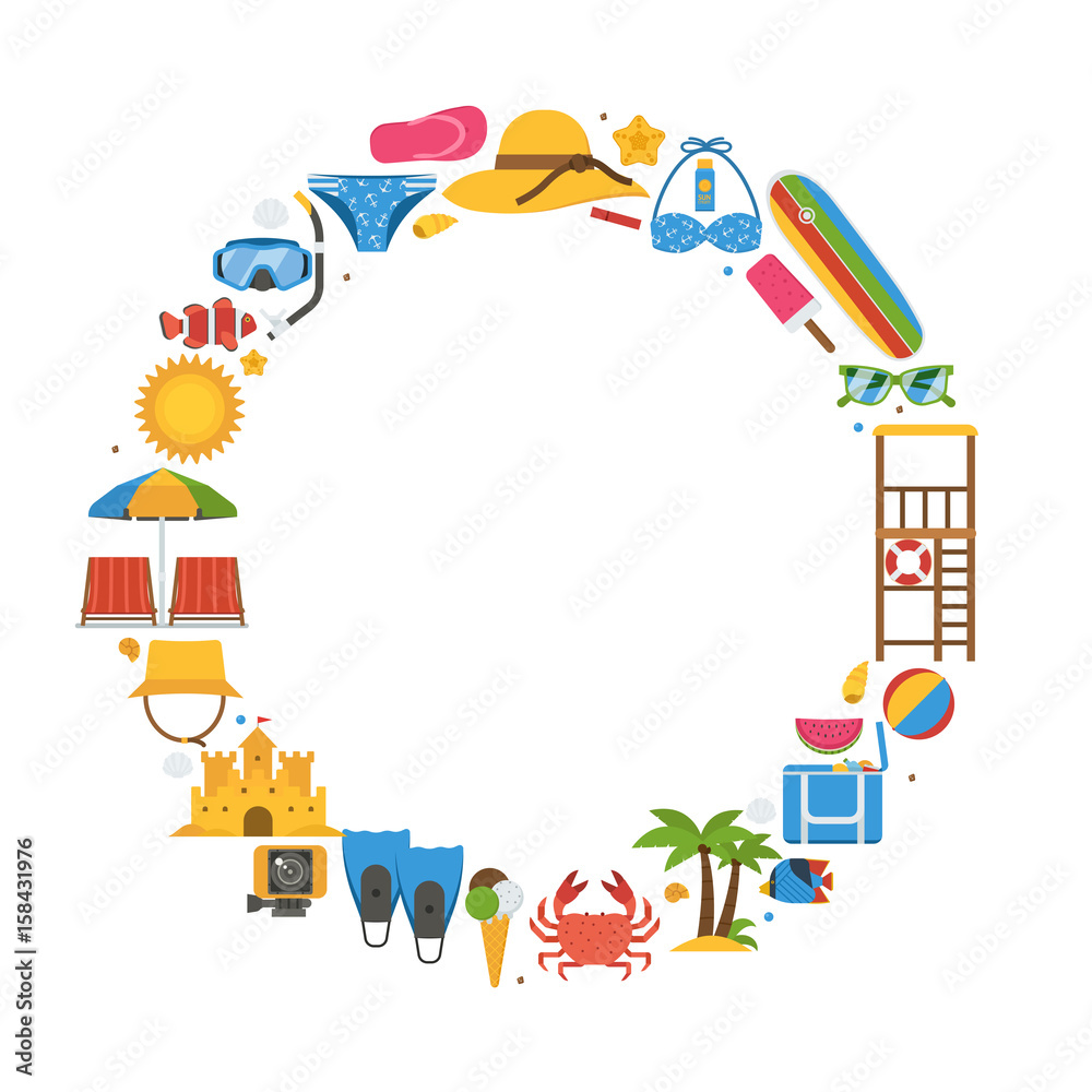 Summer travel frame with beach icons stylized in circle with space for text. Sea vacation or summer holidays background with sunbathing accessories and water sports and activity icons. Summer travel frame with beach icons stylized in circle with space for text. Sea vacation or summer holidays background with sunbathing accessories and water sports and activity icons.