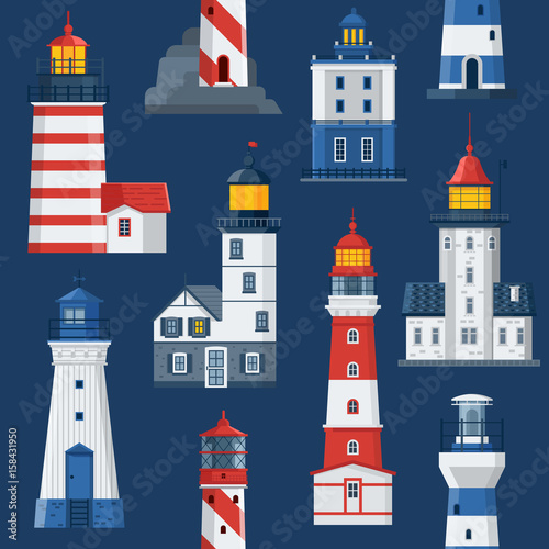 Cartoon lighthouse pattern. Red and blue sea guiding light houses seamless background. Sea pharos or beacon maritime backdrop. Vector searchlight towers of different types.
