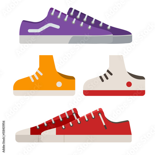 Different sneakers and gumshoes icons in flat design. Casual shoes and boots vector illustration.