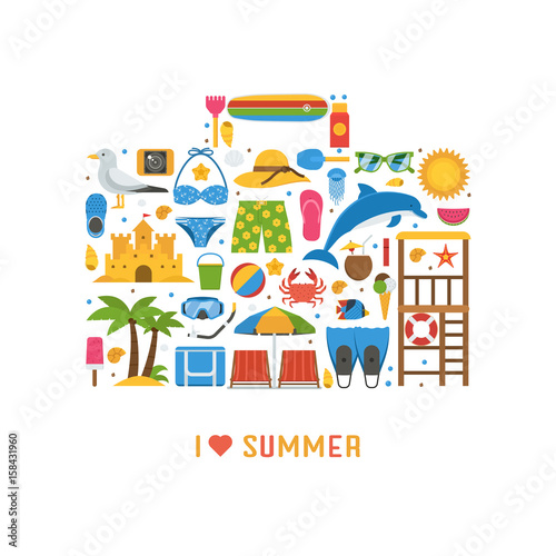 Fototapeta Naklejka Na Ścianę i Meble -  Love summer concept with beach icons stylized in travel suitcase. Sea vacation or summer holidays background with sunbathing accessories and water sports and activity icons.