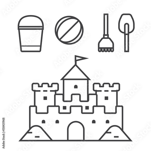 Beach toys and sand castle vector illustration. Child pail, shovel, ball and rake thin line icons. Children summer games and activities appliances in outline design. Sandcastle linear pictogram.
