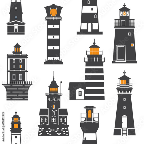 Monochrome lighthouse pattern. Different sea guiding light houses seamless background. Sea pharos or beacon  maritime backdrop in black and white. Searchlight tower of various types in outline design.