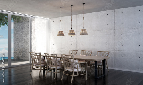 3D rendering interior design of minimal dining room and concrete wall and sea view