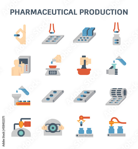 Pharmaceutical and supplement manufacture industry vector icon. Include capsule pill tablet drug or medicine, filling bottle package, operator, computer,  robot, automated machine and production line.