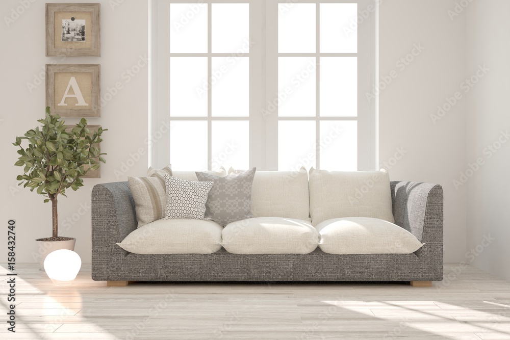 White modern room with sofa. Scandinavian interior design. 3D illustration White modern room with sofa. Scandinavian interior design. 3D illustration