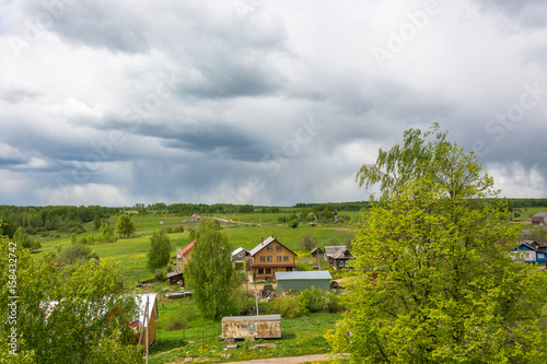 Panorama of the village of Mikhailovskoye from the bell tower of the Church of the Holy Archangel Michael and the bodiless hosts. photo