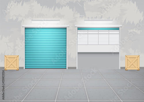 Storefront or shopfront is a facade or commercial building. Exterior with door and floor or entryway for retail shop or store. Protection with security shutter or roller door. Vector illustration.