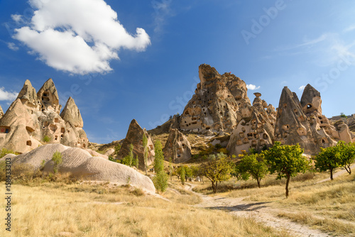 View of Uchisar castle from Pigeon valley. Cappadocia. Turkey