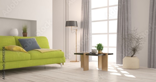 White modern room with green sofa. Scandinavian interior design. 3D illustration