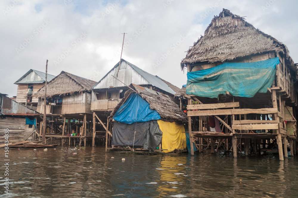 View of partially floating shantytown in Belen neigbohood of Iquitos, Peru.