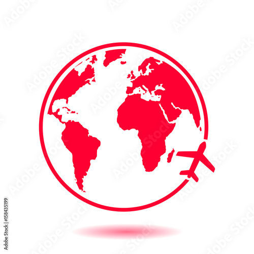 Airplane icon travel. Trip round the world. Flat design style.