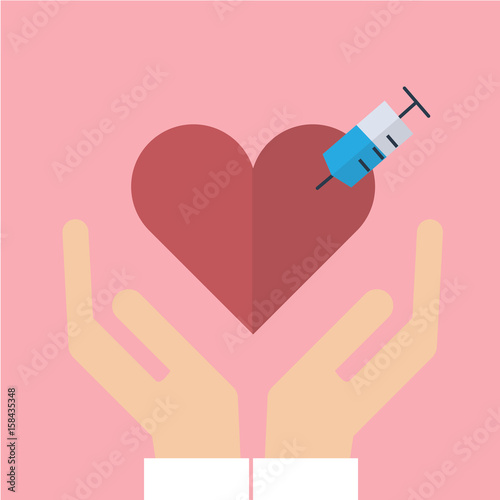 Holding Red Heart in Hand and Hypodermic Syringe. Healthcare Concept Vector Illustration Flat Style.