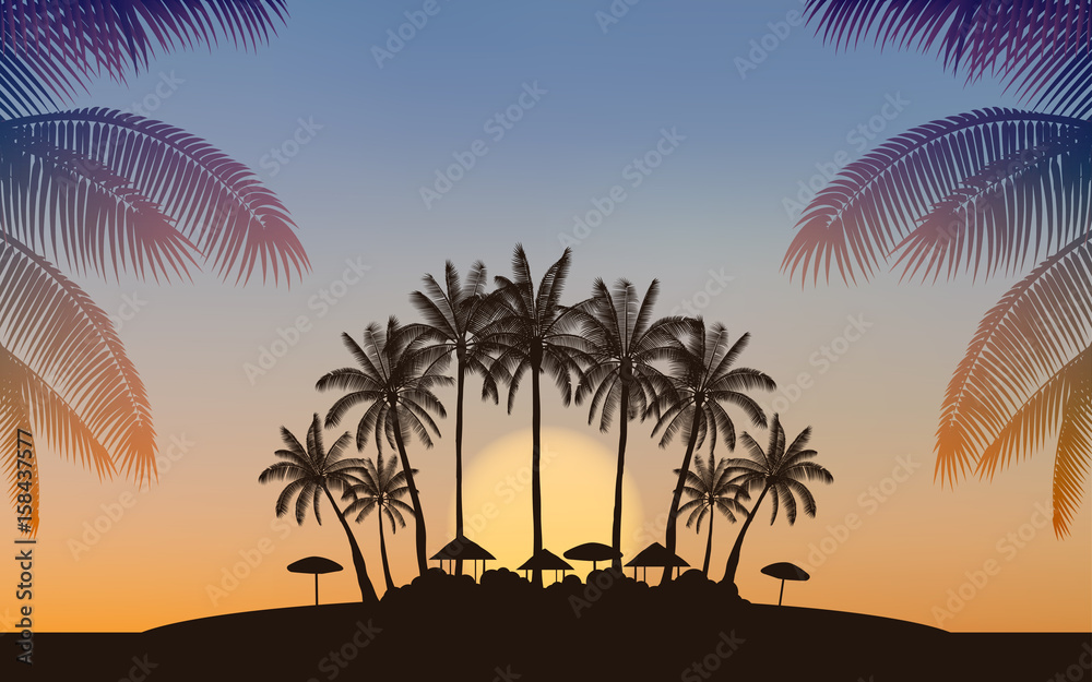 Silhouette palm tree on island under sunset sky background