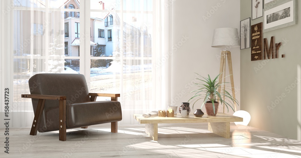 Fototapeta premium White modern room with armchair. Scandinavian interior design. 3D illustration