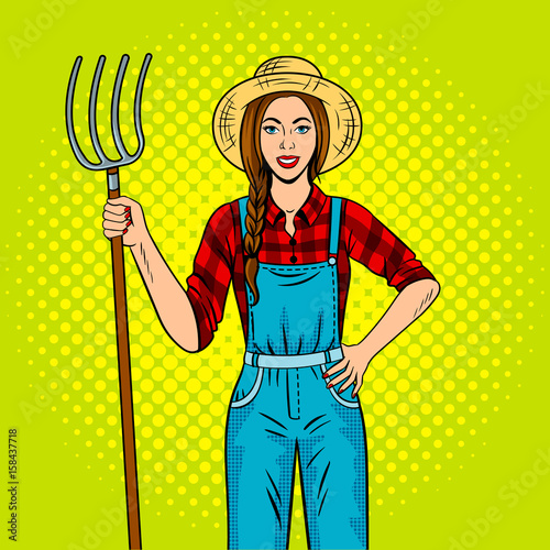 Girl farmer with pitchfork pop art vector