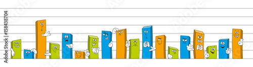 Bar chart with cartoon faces and hands, panorama